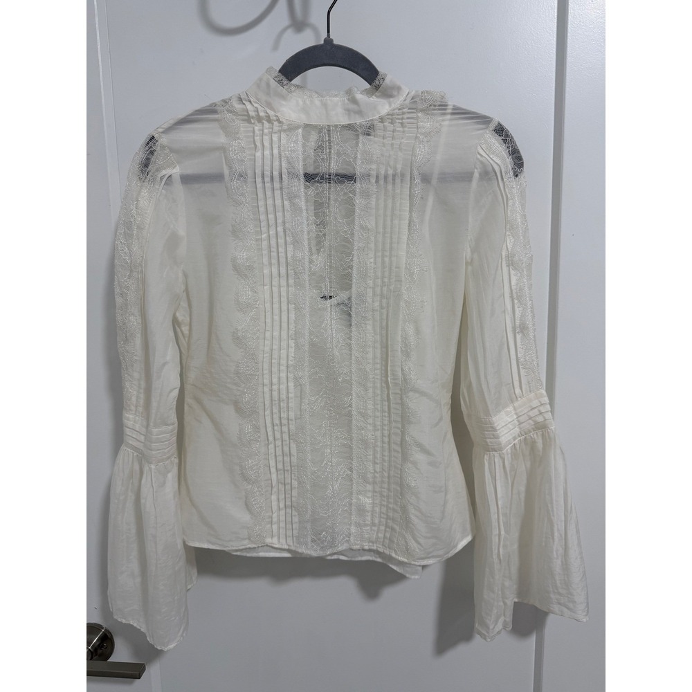 White House Black Market Lace Trimmed Mock Neck Blouse Bell Sleeve Size 2